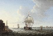 Dominic Serres An English man-o'war shortening sail entering Portsmouth harbour, with Fort Blockhouse off her port quarter oil on canvas